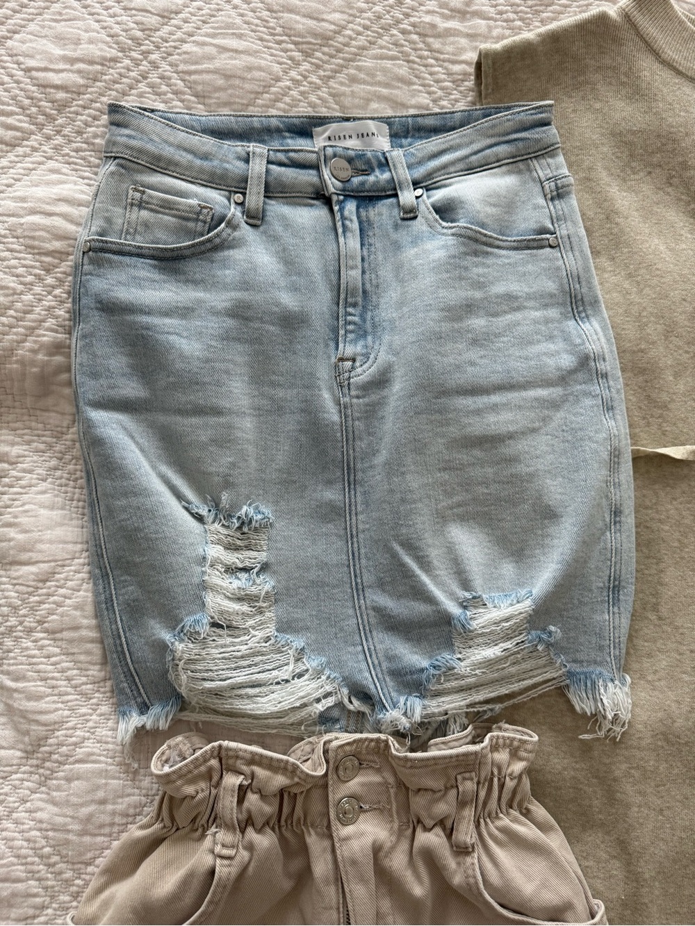 Light Blue Distressed Denim Skirt